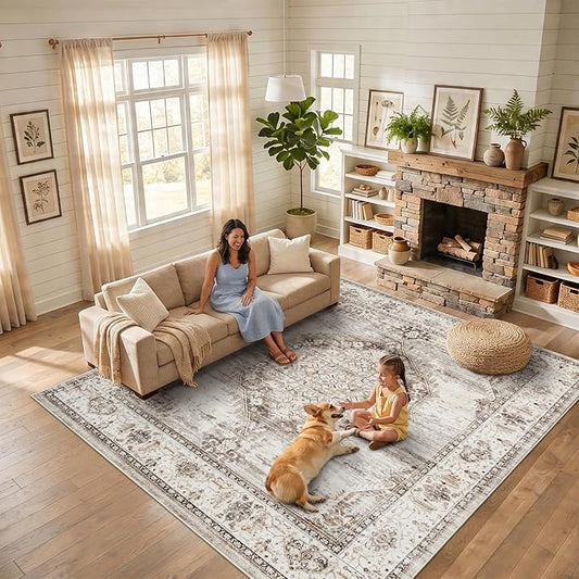 10x10 Square Area Rug: 10ft Square Washable Living Room Rugs Ultra Thin Soft Oriental Non-Slip Backing Farmhouse Rug Low Pile Thin Stain Resistant Indoor Carpets, 10' x 10' Beige