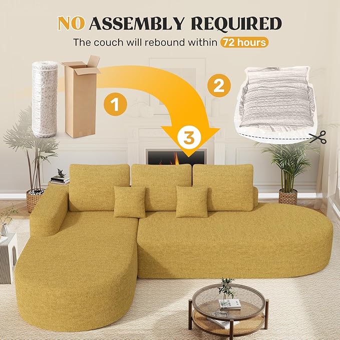 112" Modern Curved Cloud Couch, Chenille Boneless Couches for Living Room with Deep Seat, Memory Foam Compressed Modular Sectional Sofa, No Assembly Required,Yellow 1 PCS