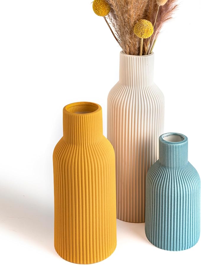 Colorful Ceramic Flower Vases Set of 3, Matte Vertical Ribbed,Minimalist for Pampas, Dried & Fresh Flowers, Centerpiece for Living Room, Shelf, Entryway, Wedding (White, Yellow, Blue)