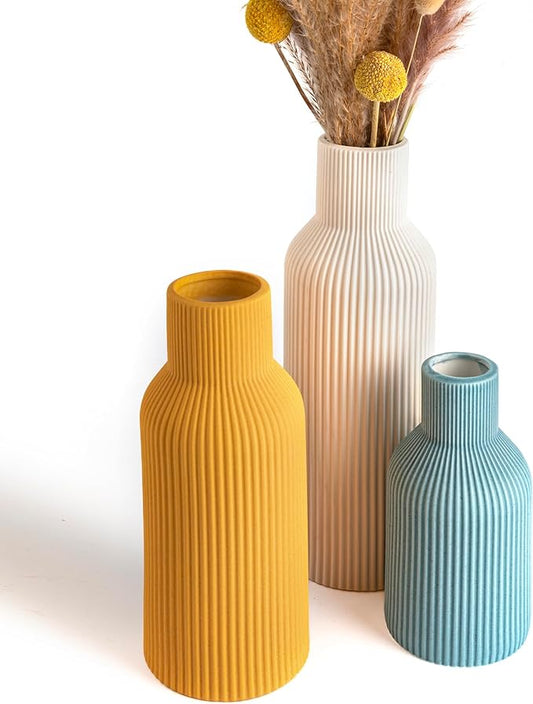 Colorful Ceramic Flower Vases Set of 3, Matte Vertical Ribbed,Minimalist for Pampas, Dried & Fresh Flowers, Centerpiece for Living Room, Shelf, Entryway, Wedding (White, Yellow, Blue)