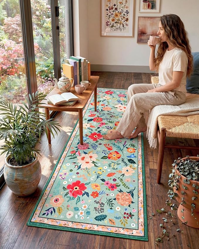 Macgace 2.5x8 Floral Runner Rug, Flowers Printed Washable Rugs with Non Slip Backing for Girls Bedroom Kitchen Hallway,Cute Carpet Runners Home Aesthetic Decor, Light Green