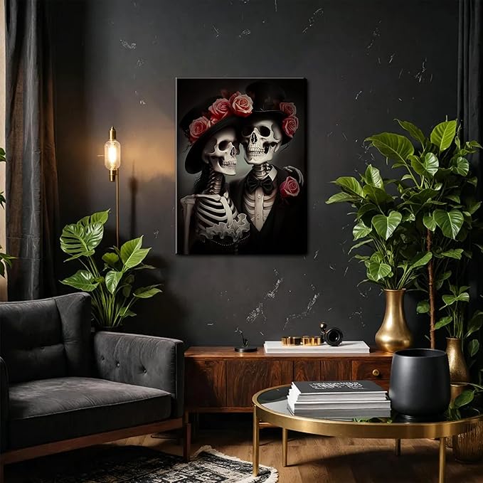 Gothic Canvas Wall Art Set of 3, Red Rose Skull Wall Decor Paintings, Dark Romantic Crow Goth Halloween Aesthetic Posters Prints for Bathroom, Living Room, Gallery, Home Decor 12x16Inch Framed