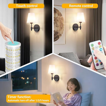 Vimhou Peel and Stick Wall Sconces, Stick On Wall Sconce Set of 2, Battery Operated Wireless Wall Light, No Drill Adhesive Wall Lamp, Corn Bulb with 10000mAh Rechargeable Battery, Bedroom Wall Decor