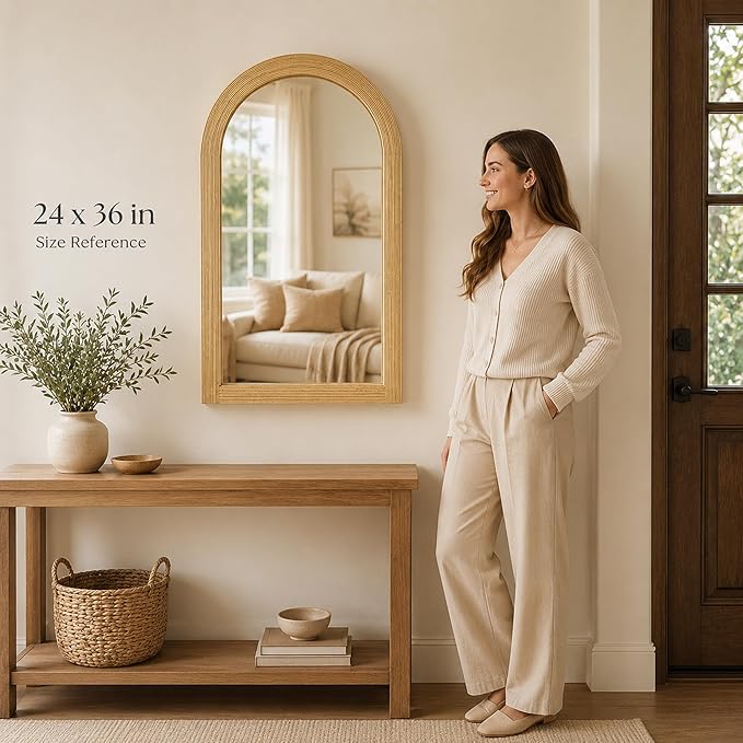 24" x 36" Arched Bamboo Wall Mirror, Handwoven Natural Frame with 2-Inch Deep Textured Profile, Decorative Boho Mirror for Entryway, Bedroom, Living Room