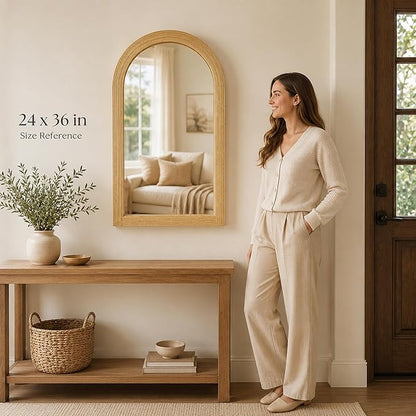 24" x 36" Arched Bamboo Wall Mirror, Handwoven Natural Frame with 2-Inch Deep Textured Profile, Decorative Boho Mirror for Entryway, Bedroom, Living Room
