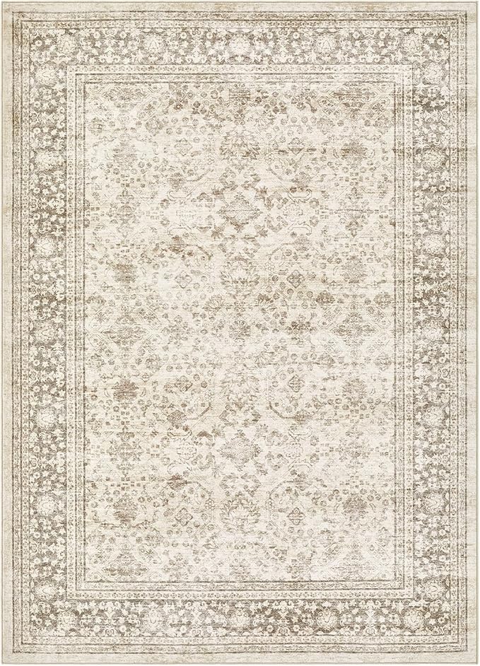 Area Rug 5x8 Washable Vintage - Soft Traditional Rugs for Living Room Large Non Slip Backing with Low Pile Farmhouse Oriental Retro Carpet for Bedroom Dining Room or Home Office - Yellowish Brown