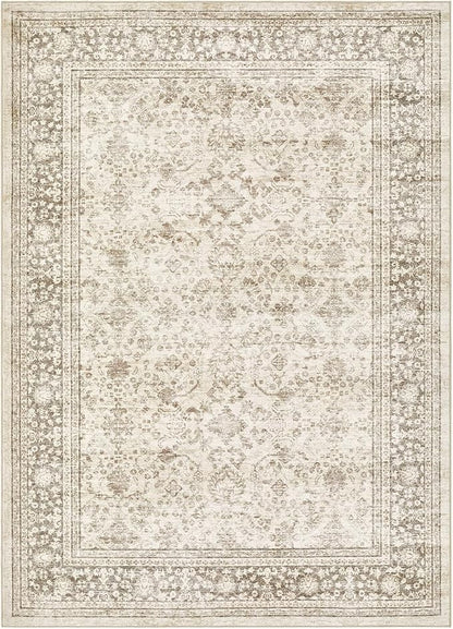 Area Rug 5x8 Washable Vintage - Soft Traditional Rugs for Living Room Large Non Slip Backing with Low Pile Farmhouse Oriental Retro Carpet for Bedroom Dining Room or Home Office - Yellowish Brown