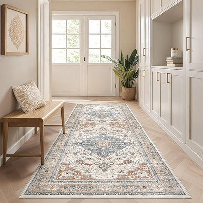 Runner Rug Kitchen Washable Rugs: 3x8 Non-Slip Boho Vintage Distressed Stain Resistant Indoor Neutral Farmhouse Throw Carpet for Hallway Bathroom Laundry Room Entryway Bedroom- Beige Blue