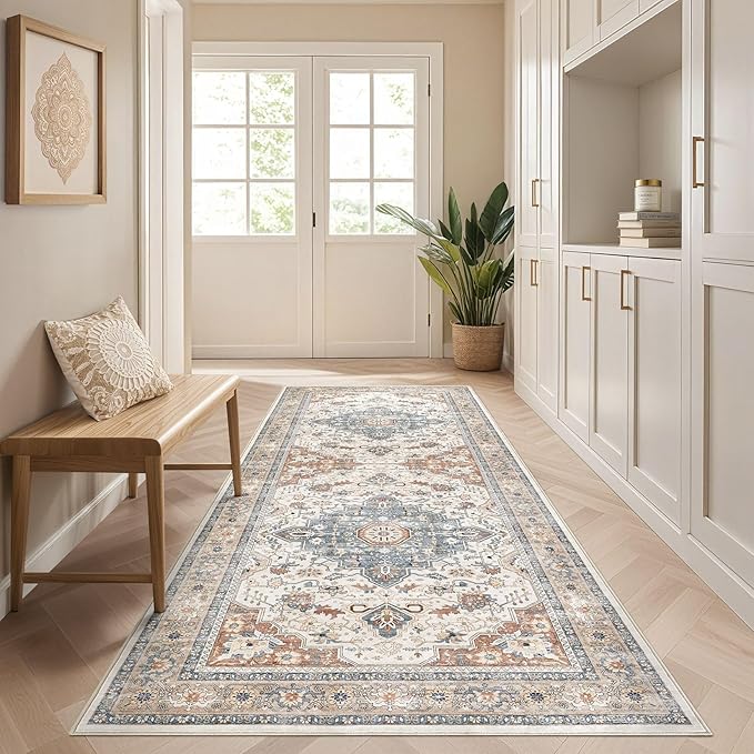 Runner Rug Kitchen Washable Rugs: 2x5 Non-Slip Boho Vintage Distressed Stain Resistant Indoor Neutral Farmhouse Throw Carpet for Hallway Bathroom Laundry Room Entryway Bedroom- Beige Blue