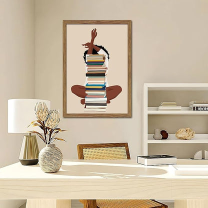 AKWISH Wood Framed Black Girl Canvas Wall Art – African American Wall Decor, Modern Black Woman with Book Art for Bedroom Living Room – 36x24 inch