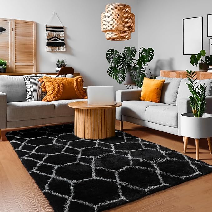 ONASAR Area Rugs for Bedroom Living Room, Fluffy 4x6 Black and White Rug, Geometric Shaggy Plush Bedside Indoor Floor Carpet for Nursery Kids Teens Girls Boys Dorm Home Office Decor