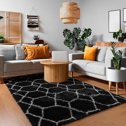 ONASAR Area Rugs for Living Room Bedroom, 5x8 Fluffy Black and White Rug, Geometric Boho Soft Plush Shaggy Fuzzy Floor Carpet for Nursery Kids Girls Boys Teen Dorm Home Decor Aesthetic