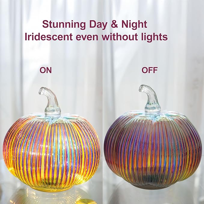 Iridescent Glass Pumpkin Light with Timer | Battery Powered Holiday, Autumn, Thanksgiving Décor