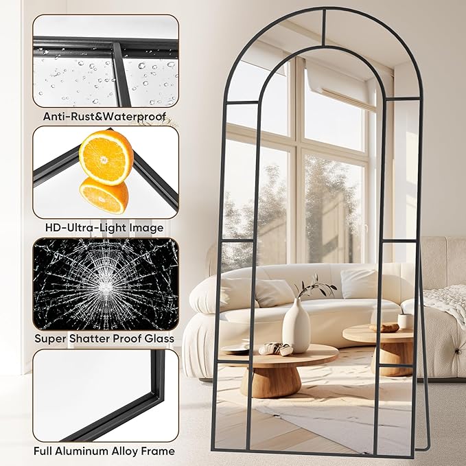Antok 71" x 32" Full Length Mirror, Floor Mirror Arched Window Decorative Mirror, Metal Framed Decor Farmhouse Floor Mirrors Art Pane Mirrors Wall Decor for Bedroom, Living Room, Entryway Black