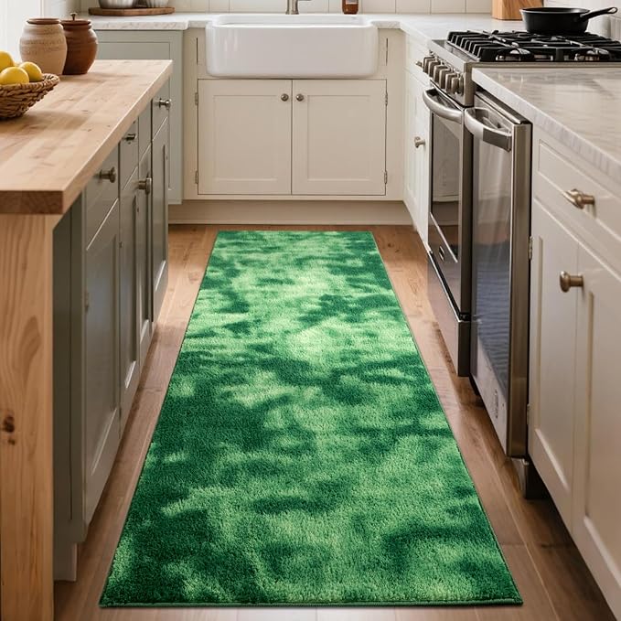 FinRèc 2x6 Washable Runner Rugs for Kitchen Hallway Bedroom, Low Pile Thin Ultra Soft Shag Rug, Non-Slip Carpet Indoor for Home Decor (Tie-dye Green)