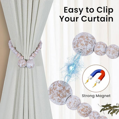 KLOGTSIND Magnetic Curtain Tiebacks, Curtain Tie Backs for Curtains 6 Pack, Wood Bead Curtain Tiebacks, Curtain Holders for Boho Bedroom Decor, Baby Nursery Decor, Farmhouse Decor