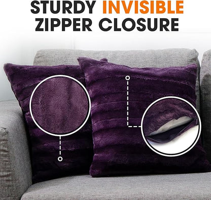 Cheer Collection Faux Fur Throw Pillows - Decorative Pillows for Couch, Bed Throw Pillows, Purple Accent Pillows for Bedroom or Living Room Aesthetic, Set of 2 Furry Throw Pillows, 18”x18”