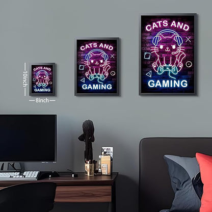 Funny Cat Gaming Wall Art, Neon Gamer Canvas Print Framed, Cute Cartoon Cat with Headset Video Game Poster, Boys Teen Kids Bedroom Gaming Room Wall Decor 8x10 Inch