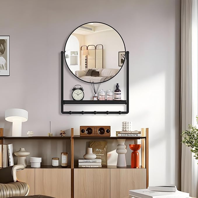 Modern Black Round Wall Mirror with Shelf and Hooks, 29.5" x 21.7" Large Bathroom Mirror with 10° Adjustable Tilt for Entryway, Living Room, Hallway, Bedroom