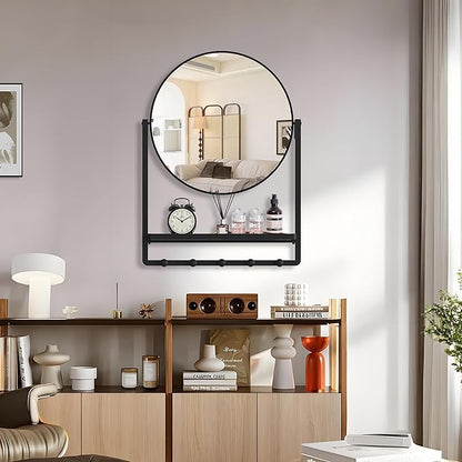 Modern Black Round Wall Mirror with Shelf and Hooks, 29.5" x 21.7" Large Bathroom Mirror with 10° Adjustable Tilt for Entryway, Living Room, Hallway, Bedroom