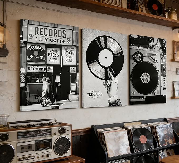 Vintage Music Canvas Wall Art Fashion Black And White Photography Preppy Vinyl Record Painting Picture Wall Decor Bar Rock Music Lovers Poster Print Artwork for Recording Studio Club Home Decoration