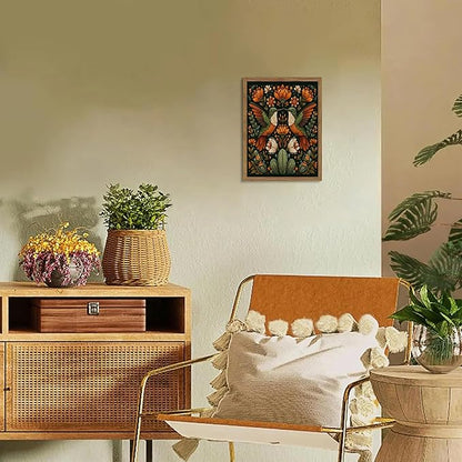 Framed Mexican Hummingbird Wall Art, Vintage Birds Animal Canvas Wall Decor Painting, Colorful Floral Cactus Botanical Poster Print Picture for Living Room Bedroom Bathroom 12x16 Inch
