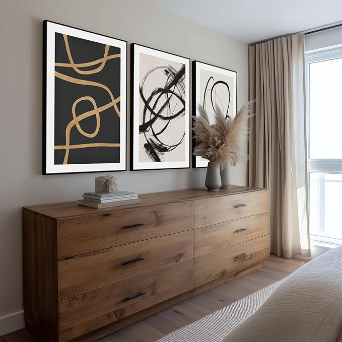 SAFERRYHOME Abstract Graffiti Framed Black and White Black and Gold Wall Art Canvas Prints, Modern Sketches Street Art Decor for Living Room, Home Office, Dining Room, Loft - 3 Pieces 24x36 Inch