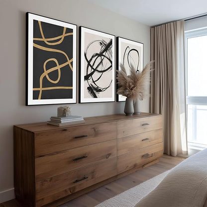 SAFERRYHOME Abstract Graffiti Framed Black and White Black and Gold Wall Art Canvas Prints, Modern Sketches Street Art Decor for Living Room, Home Office, Dining Room, Loft - 3 Pieces 24x36 Inch