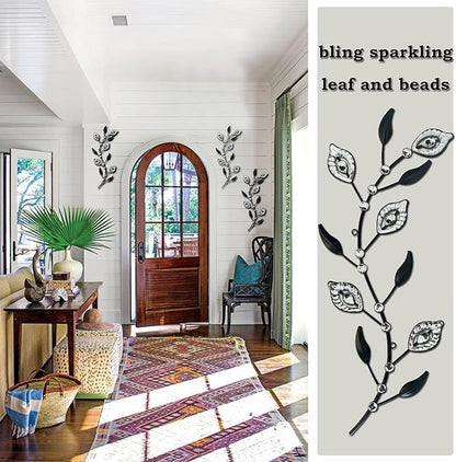 Cityelf 3 Set Crystal Leaf Wall Art Sculpture Iron Tree Leaves Branch Hanging Wall Décor Jeweled Bling Home Deor Acrylic Diamond Accent …