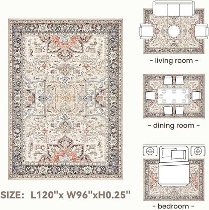 8x10 Area Rugs for Living Room - Large Carpet Ultra Thin Soft Washable Oriental Vintage Floral Distressed Big Indoor Carpets for Bedroom Nursery Dorm Home Decor Aesthetic - Multi