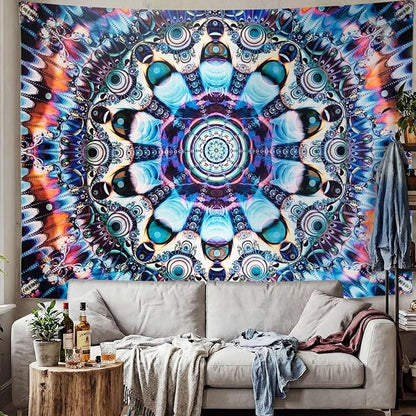 PRRPRR Blacklight Trippy Mandala Tapestry - UV Reactive Glow in the Dark Wall Hanging, Neon Psychedelic Boho Posters for Bedroom, Aesthetic Dorm Room Decor, Party Backdrop (Mandala Blue, 90"x70")