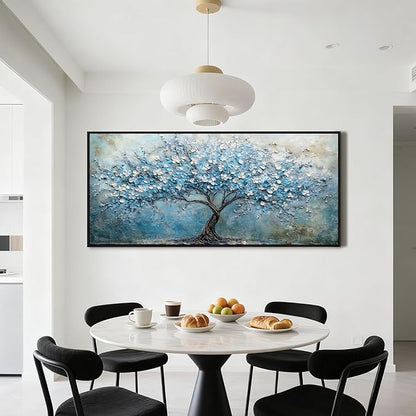 crmotu Tree of Life Wall Art, Large Wall Decor Living Room, Black Framed Wall Art, Cherry Blossom Tree Painting Prints, Modern Japanese Aesthetic Artwork, Blue Big Pictures for Office Hotel 32"x71"