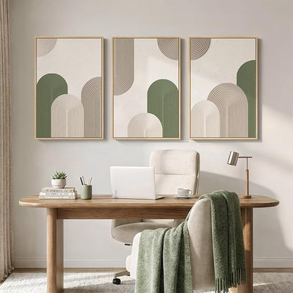 Framed Green Beige Abstract Wall Art for Living Room, 3 Piece Large Neutral Modern Minimalist Canvas Artwork for Walls, Boho Bauhaus Geometric Painting Prints for Hallway Office Wall Decor, 24x36 Inch