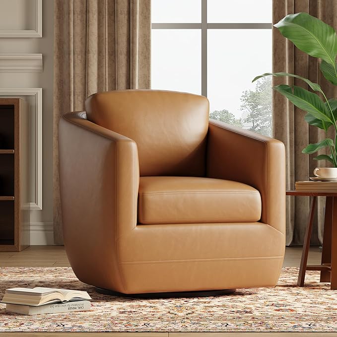 MALOL 360° Swivel Accent Chair- Comfy Living Room Armchair No-Sag Foam & Sturdy Metal Base with Pillow, Fully Assembled Swivel Accent Single Sofa for Bedroom, Office, Brown