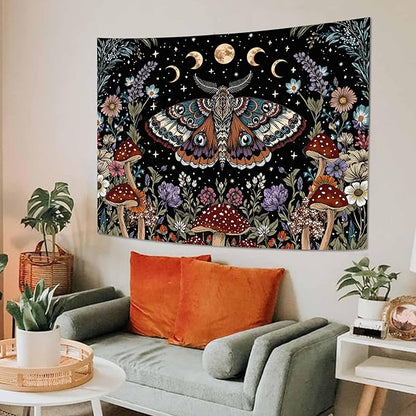 Neasow Hippie Witchy Moth Tapestry, Moon Mushroom Aesthetic Floral Wall Art, Mystic Moon Phase Decor for Living Room Bedroom Home, 60x80 inches