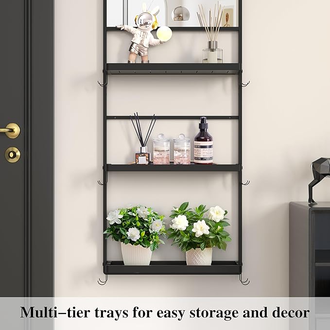 45" X 16" Black Wall Mirror with Shelf and Hooks, Rectangle Mirror for Wall, 3 Trays and 12 Removable Hooks,for Living Room, Hallway, Bedroom (Black-Square)