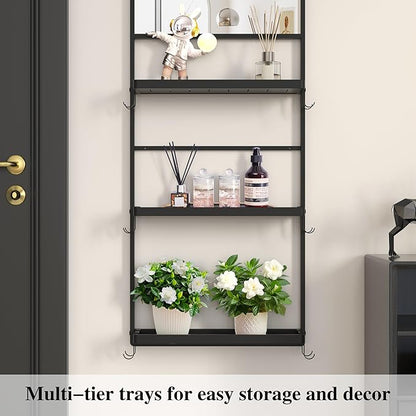 45" X 16" Black Wall Mirror with Shelf and Hooks, Rectangle Mirror for Wall, 3 Trays and 12 Removable Hooks,for Living Room, Hallway, Bedroom (Black-Square)