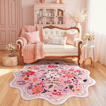 Macgace Pink Round Rug for Girls Bedroom, 4ft Machine Washable Floral Area Rugs with Non Slip Backing, Cute Flower Carpet Kitchen Living Room Kids Playroom Decor