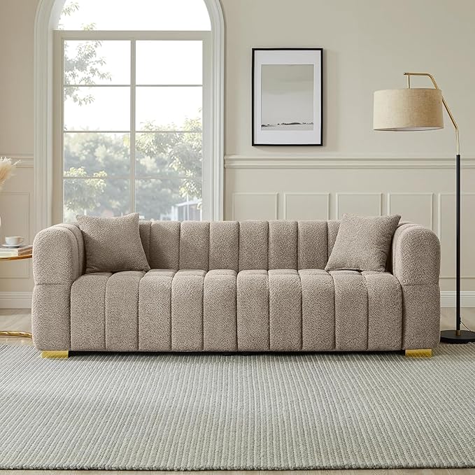VANOMi 90.94”Cloud Sofa Couch, Modern Deep Seat Boucle Sofa, Oversized Upholstered 3-Seater Comfy Couch Loveseat for Living Room, Bedroom, Office, Apartment, Camel (1 Piece)
