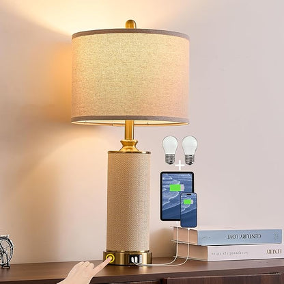 25.5" Boho Weaving Gold Large Table Lamps,Touch Control 3-Way Dimmable Farmhouse Bedside Lamps with USB A+C Charging Ports for Living Room/Bedroom/Office-with Ma Huang(LED Bulbs Included)