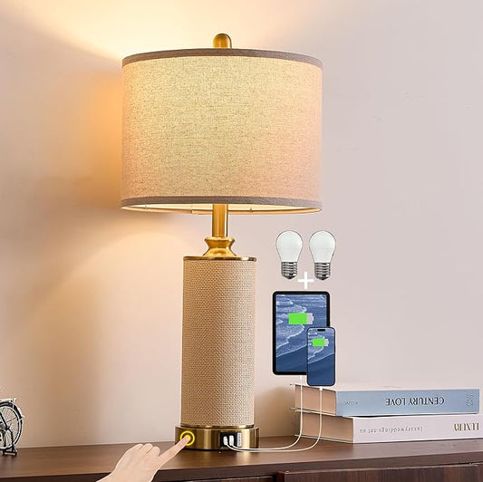 25.5" Boho Weaving Gold Large Table Lamps,Touch Control 3-Way Dimmable Farmhouse Bedside Lamps with USB A+C Charging Ports for Living Room/Bedroom/Office-with Ma Huang(LED Bulbs Included)