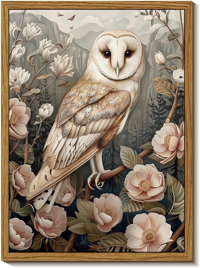 Djmwtb Framed Wall Art Vintage Wall Decor Owl Canvas Art Wildlife Pictures Floral Paintings Forest Prints Nature Artwork for Bedroom Living Room