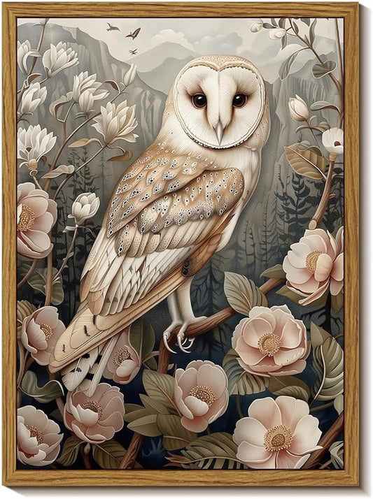 Djmwtb Framed Wall Art Vintage Wall Decor Owl Canvas Art Wildlife Pictures Floral Paintings Forest Prints Nature Artwork for Bedroom Living Room