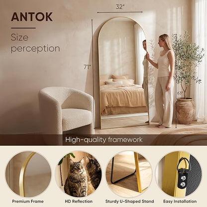 Antok Full Length Mirror, 71"x32" Floor Mirror, Arched Floor Standing Freestanding Arch Full Body Mirrors with Stand for Bedroom, Hanging Mounted for Living Room Cloakroom,Gold