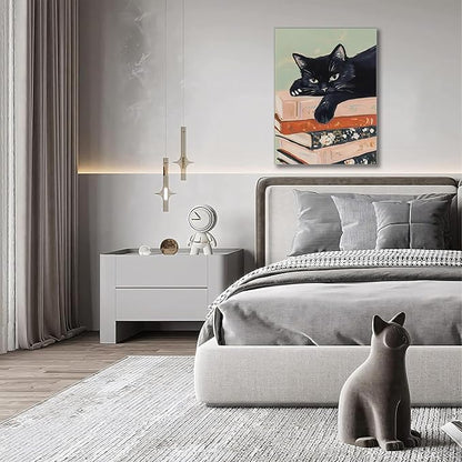 Framed Black Cat Canvas Wall Art, Funny Cat lying on a pile of books Painting, Abstract Animal Posters Prints Wall Decor for Living Room Bathroom Gallery Dining Room Decor 16x24 inch