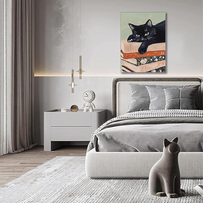 Framed Black Cat Canvas Wall Art, Funny Cat lying on a pile of books Painting, Abstract Animal Posters Prints Wall Decor for Living Room Bathroom Gallery Dining Room Decor 12x16 inch