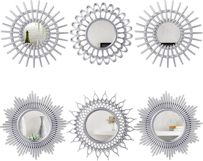 Namalu 6 Pcs Mirrors - Small Circle Sun Mirrors for Decorative Wall Art - Entryway, Bathroom, Bedroom, Living Room (Silver, Classic)