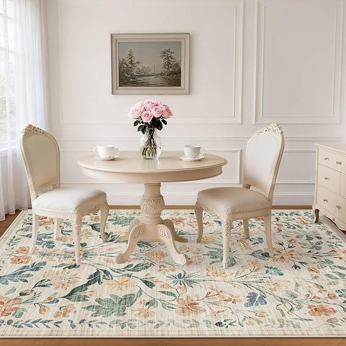 5x7 Area Rugs Washable Rug: Lagre Boho Living Room Rug Soft Non-Slip Thin Carpet Indoor Floor Non-Shedding Neutral Floral Carpets for Bedroom Dining Room Farmhouse Nursery Beige