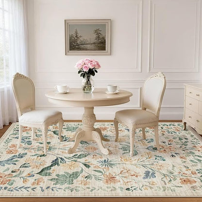 6x9 Area Rugs Washable Rug: Lagre Boho Living Room Rug Soft Non-Slip Thin Carpet Indoor Floor Non-Shedding Neutral Floral Carpets for Bedroom Dining Room Farmhouse Nursery Beige