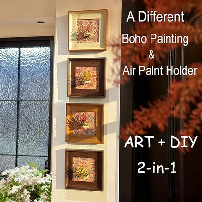 Set of 4 Boho Painting & Air Plant Living Holder Wall Art Prints 2-in-1, DIY 3D Magnetic Textured Airplant Stand Frames, Bohemia Hanging Photoes, Home Pictures Decor for Living Room Bedroom Entryway